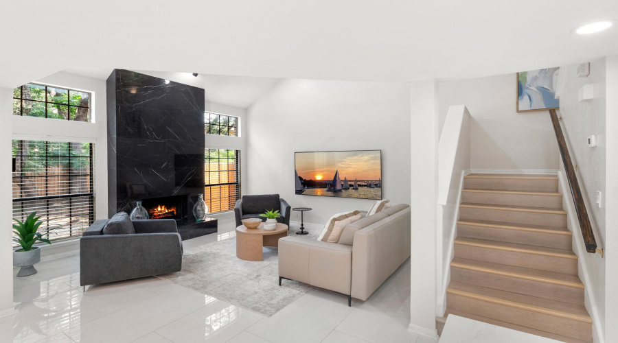 Fireplace virtually enhanced to show fire.